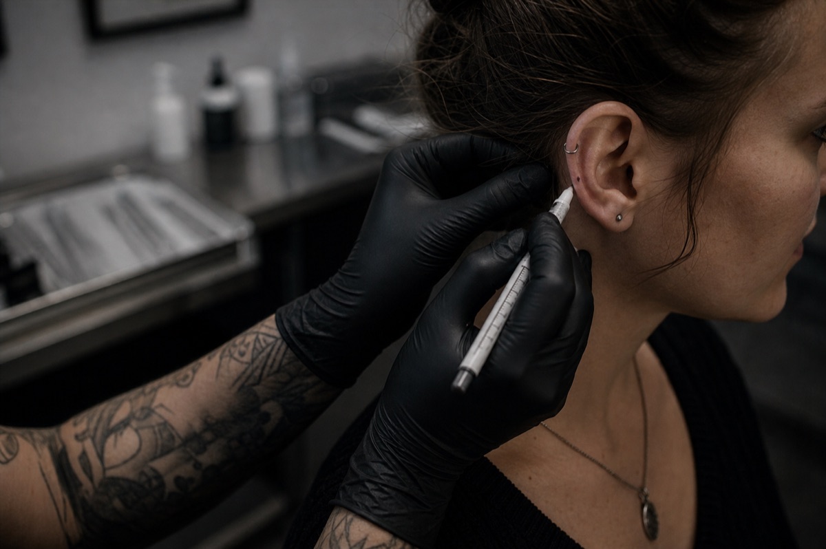 Ylva sticht Ohrpiercing - Piercing & Tattoo Lounge Kiel