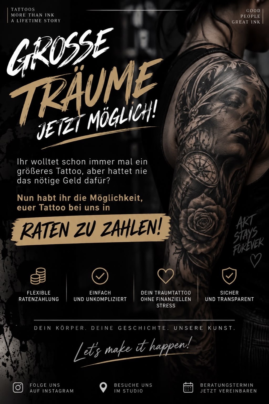 Große Träume jetzt möglich: Tattoo in Raten zahlen bei der Piercing und Tattoo Lounge Kiel