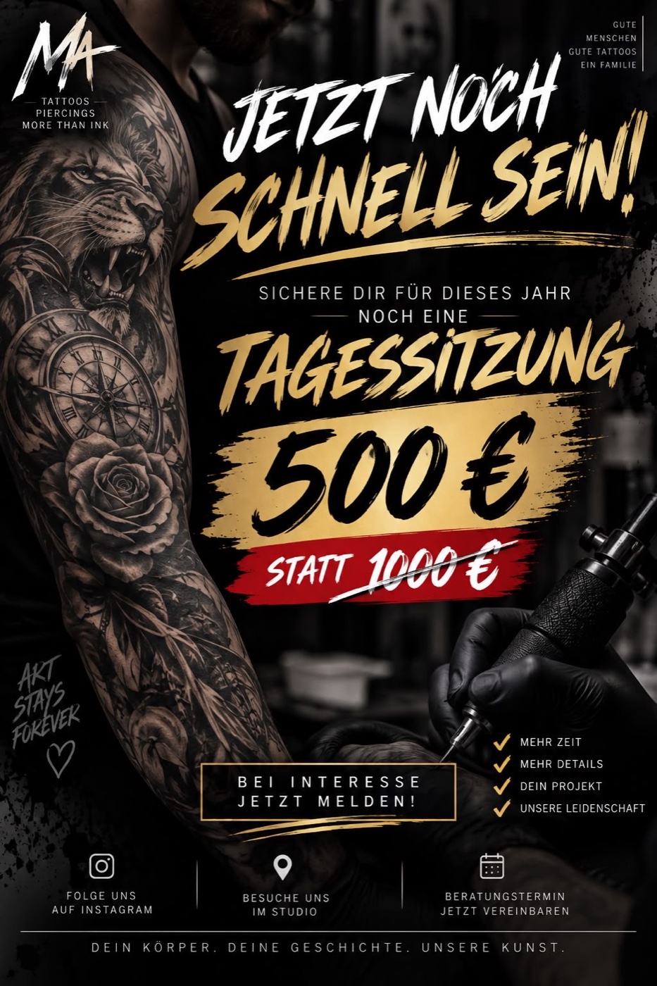 Tagessitzung für 500 statt 1000 Euro bei der Piercing und Tattoo Lounge Kiel