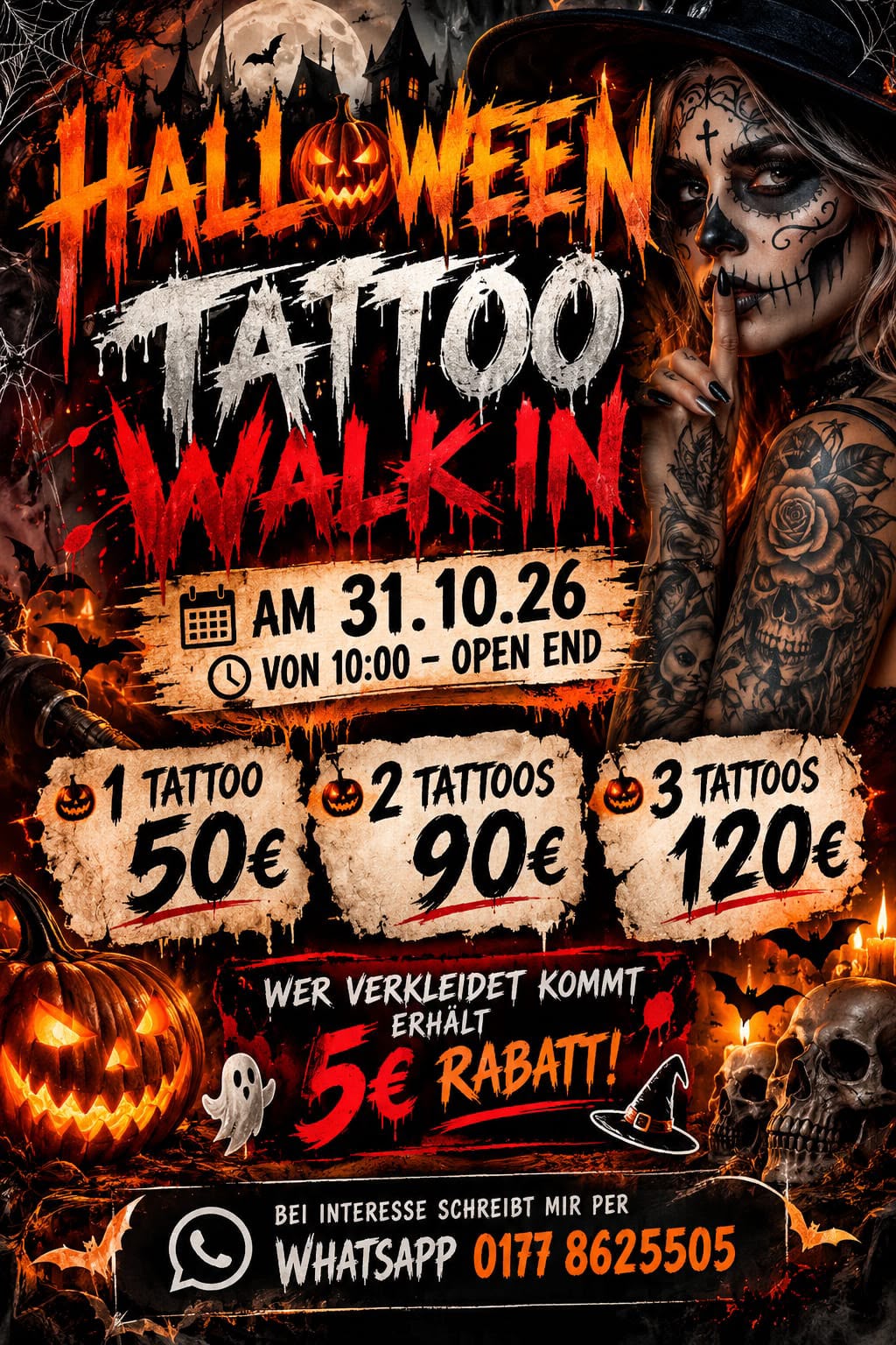Halloween Tattoo Walk-in am 31.10.2026 in der Piercing und Tattoo Lounge Kiel: 1 Tattoo 50 Euro, 2 Tattoos 90 Euro, 3 Tattoos 120 Euro