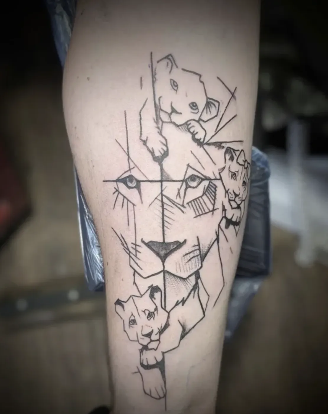 Geometrisches Fineline-Tattoo einer Löwin mit zwei Jungtieren auf dem Bein.